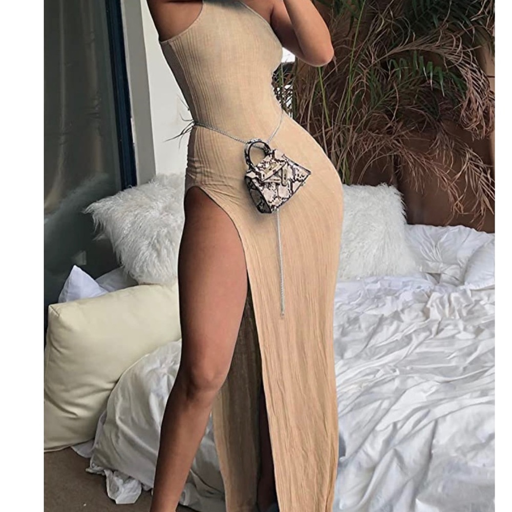 ✨Brand New Fitted One Shoulder Maxi Dress with Slit, Khaki✨